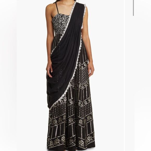 New SANI Black Anjali Metallic Embroidered Anarkali with Dupatta S - Picture 1 of 16